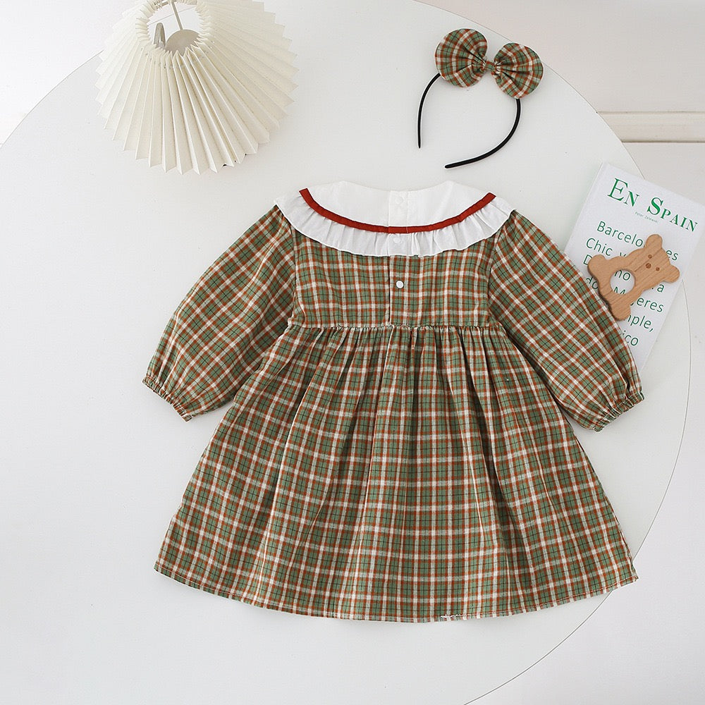 Family Matching Outfits Baby Girl Long Sleeves Bodysuit+Bear Plaid Patchwork Dress