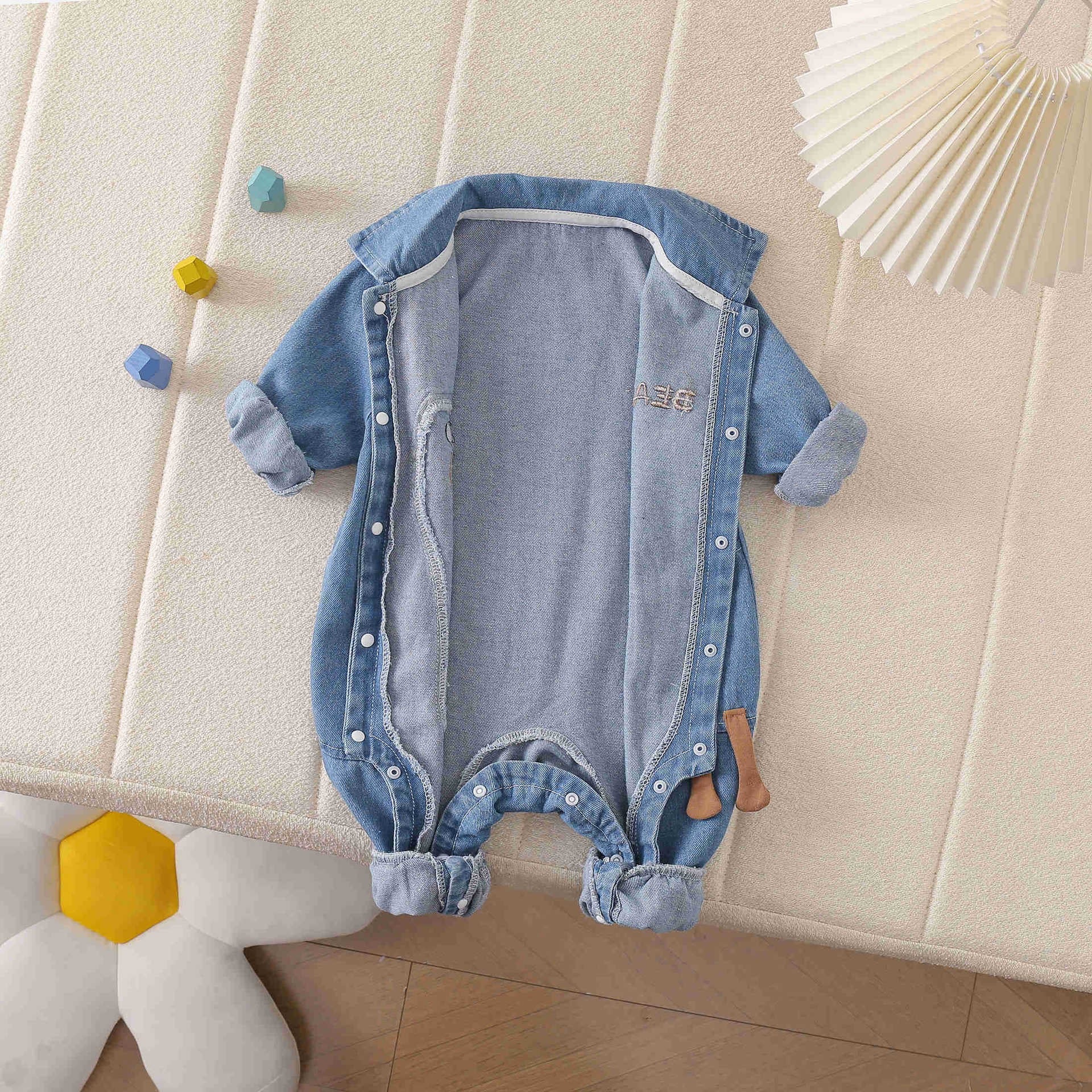 Baby Denim Romper Lapel Lying Bear Long Sleeve