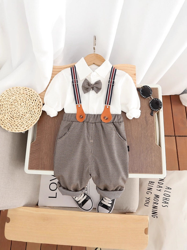 Toddler Boy White Shirt & Suspender Pants Set