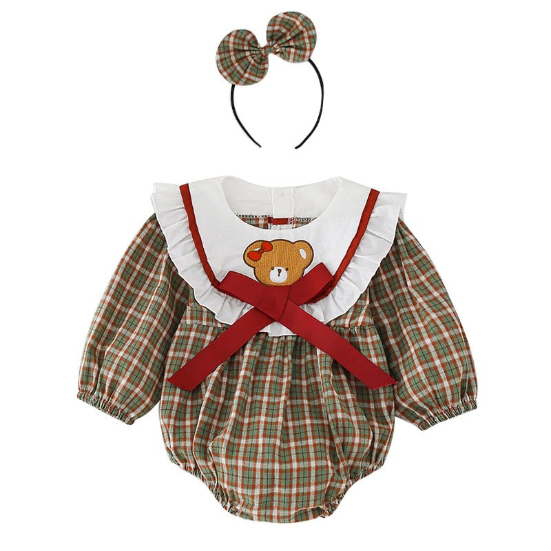 Family Matching Outfits Baby Girl Long Sleeves Bodysuit+Bear Plaid Patchwork Dress