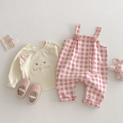 Baby Girl Plaid Bear Overall & Tee Set