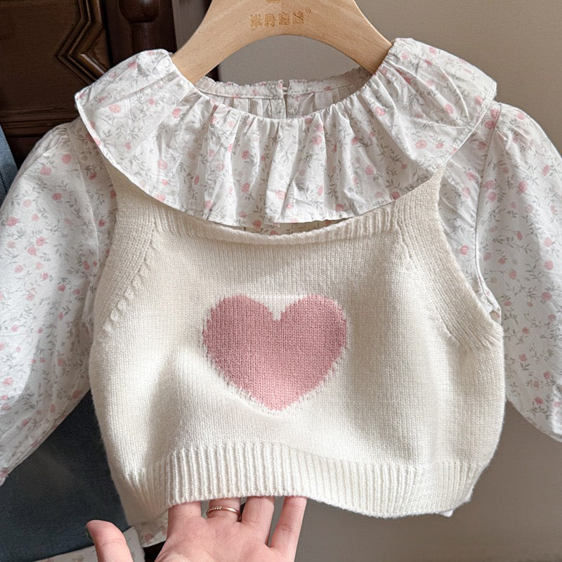 Girls' 3PCS Spring Set Lace Floral Blouse, Sweater Vest & Jeans