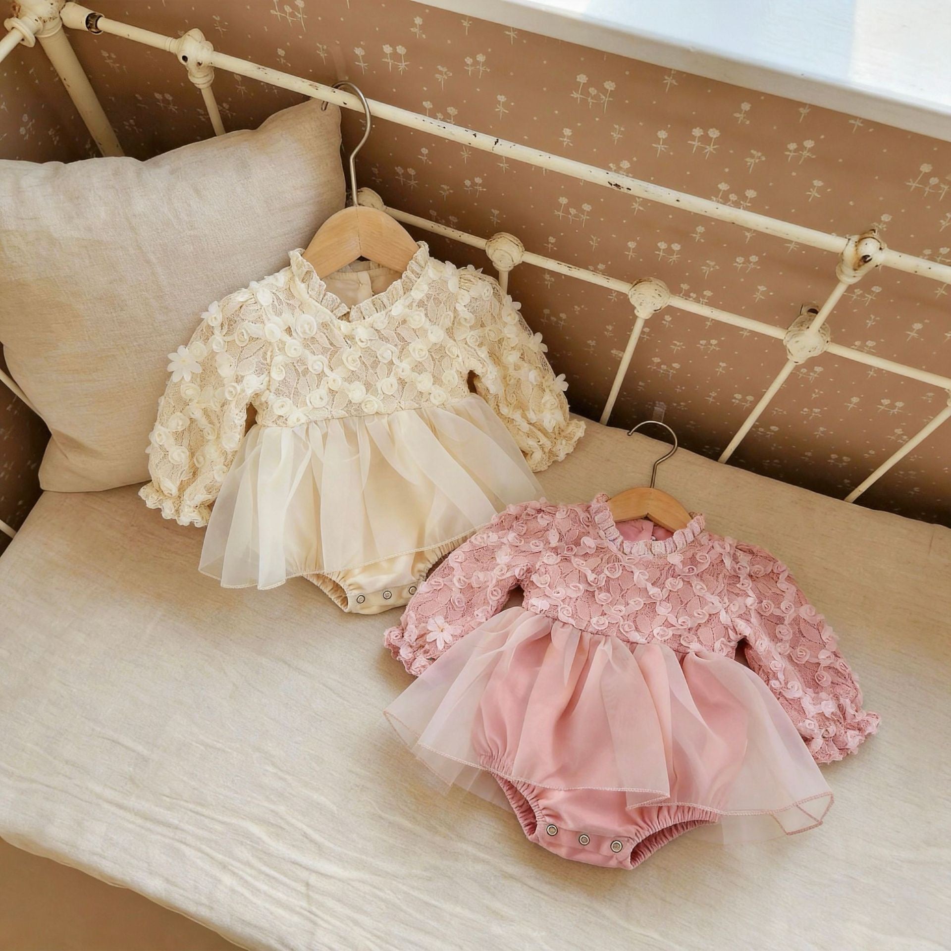 Long Sleeved Waffle Cotton Lace Splicing Baby Bodysuits Dress