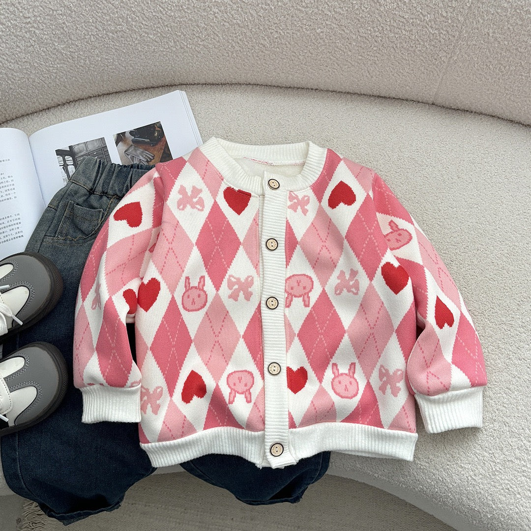 Kids Striped Heart Embroidered Warm Sweater Coat