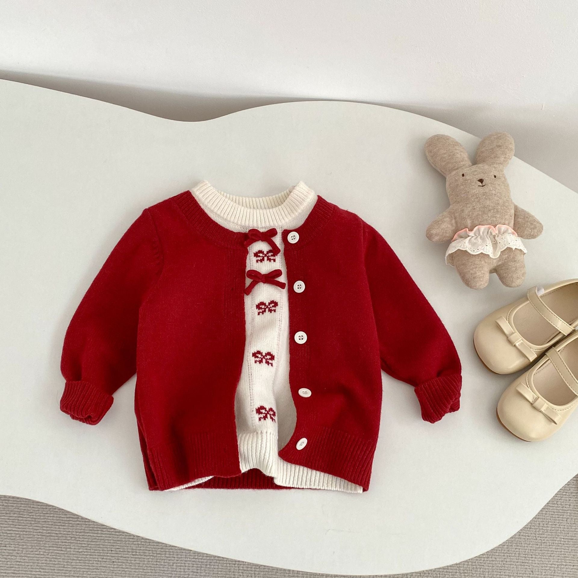 Baby Girl Red Bow Fake Two-Piece Knitted Cardigan