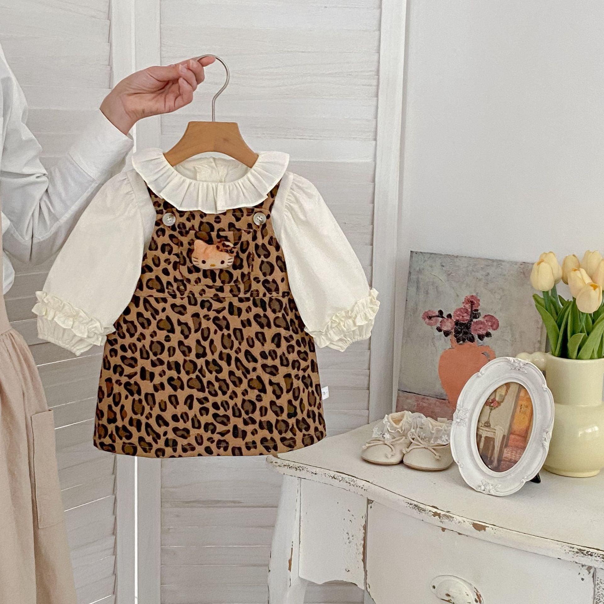 Baby Girl Bear Long Sleeve Dress with Versatile Lace Collar Shirt