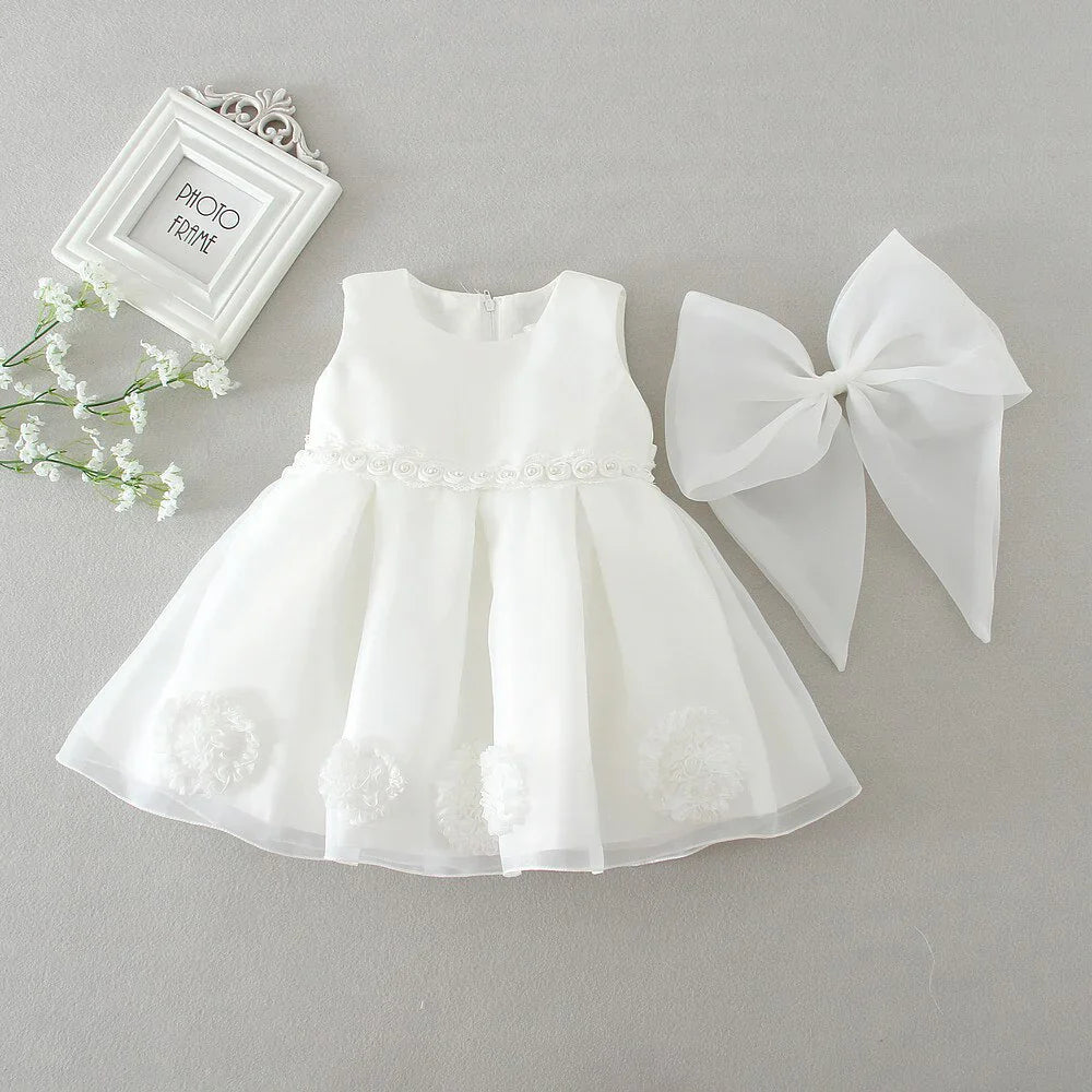 Children's White Dress with Bow and Flowers