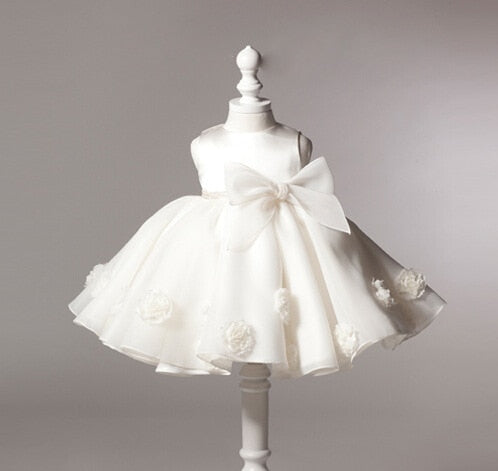 Children's White Dress with Bow and Flowers
