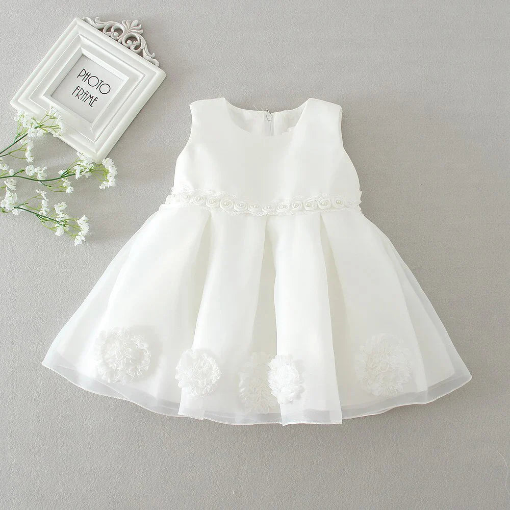 Children's White Dress with Bow and Flowers