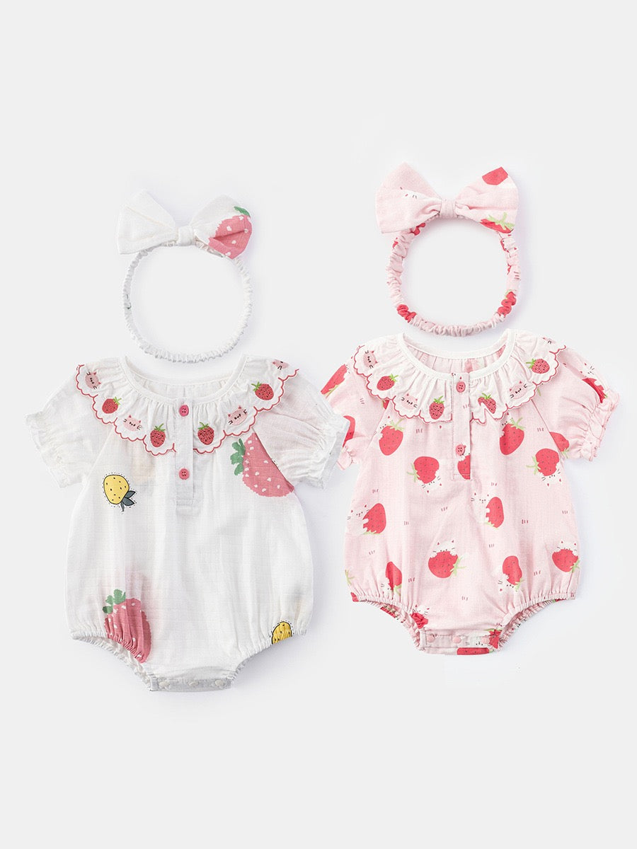 2 Piece Baby Outfits Strawberry Flying Sleeve Romper and Headband Set