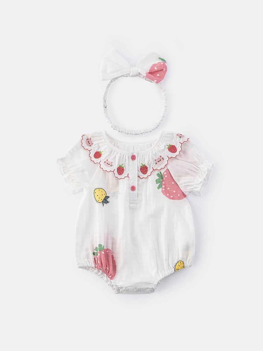 2 Piece Baby Outfits Strawberry Flying Sleeve Romper and Headband Set