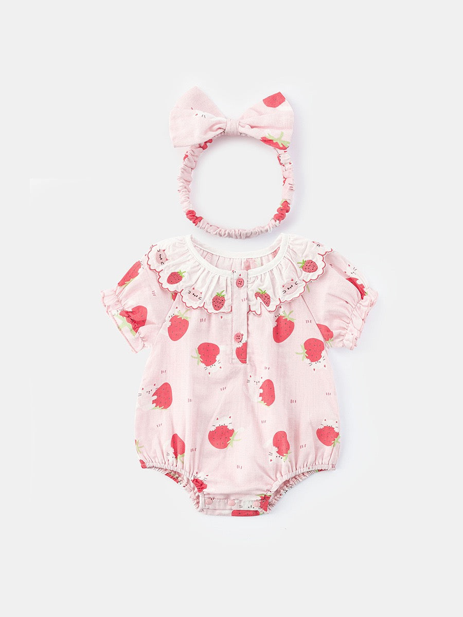 2 Piece Baby Outfits Strawberry Flying Sleeve Romper and Headband Set