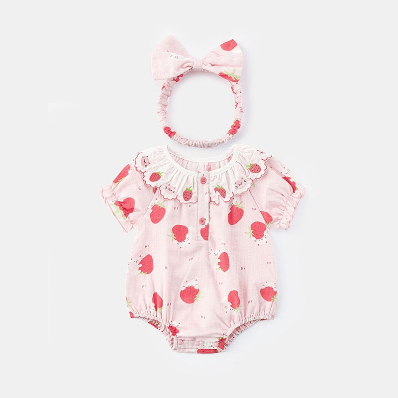 2 Piece Baby Outfits Strawberry Flying Sleeve Romper and Headband Set