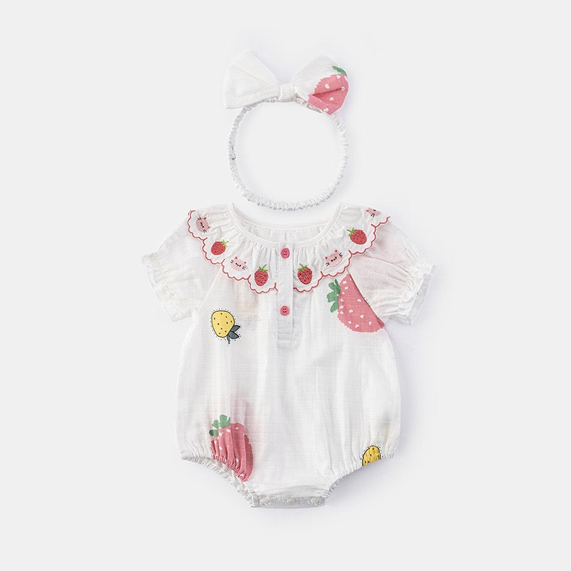 2 Piece Baby Outfits Strawberry Flying Sleeve Romper and Headband Set