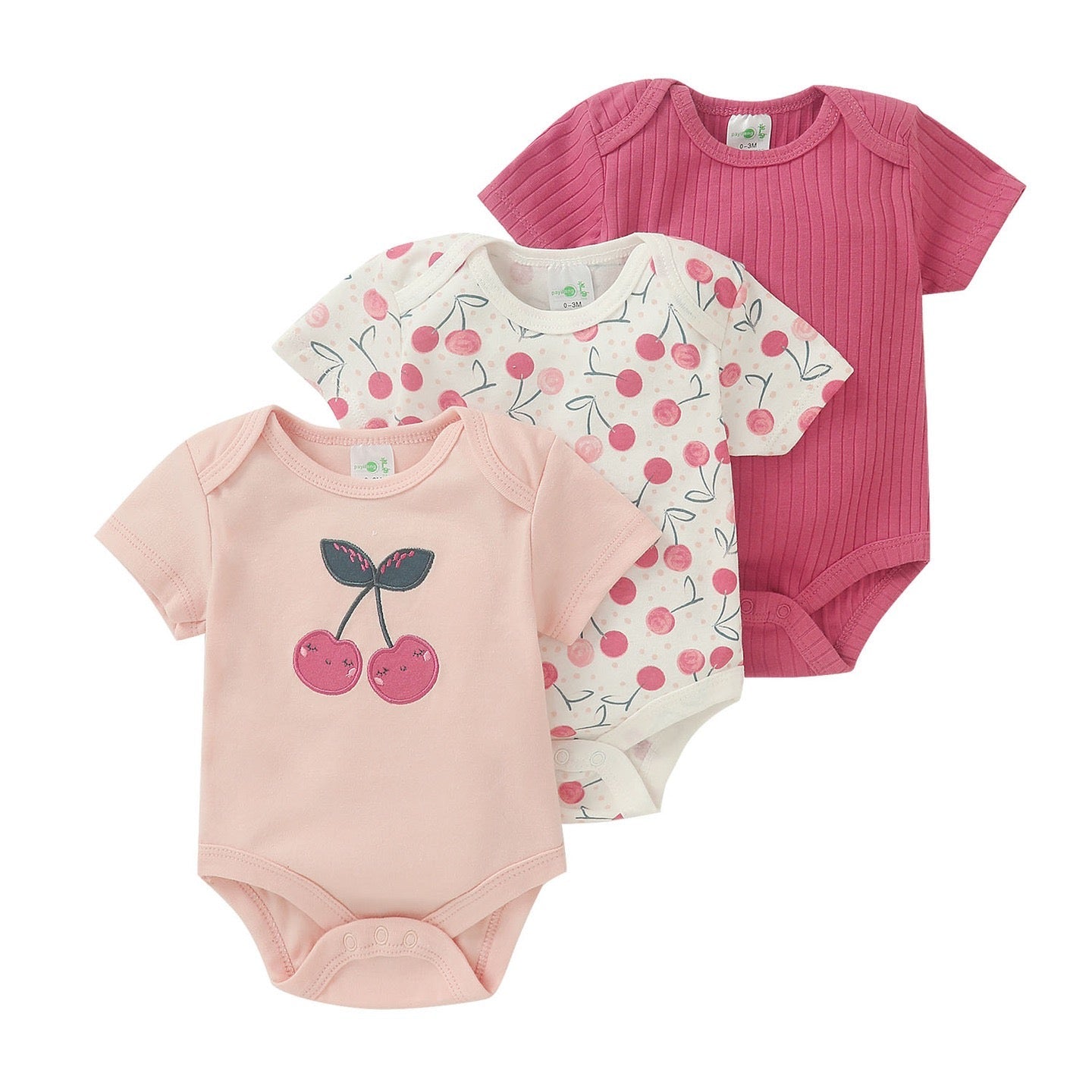 3PCS Baby Bodysuits Short Sleeve Cherry Bebe Jumpsuit
