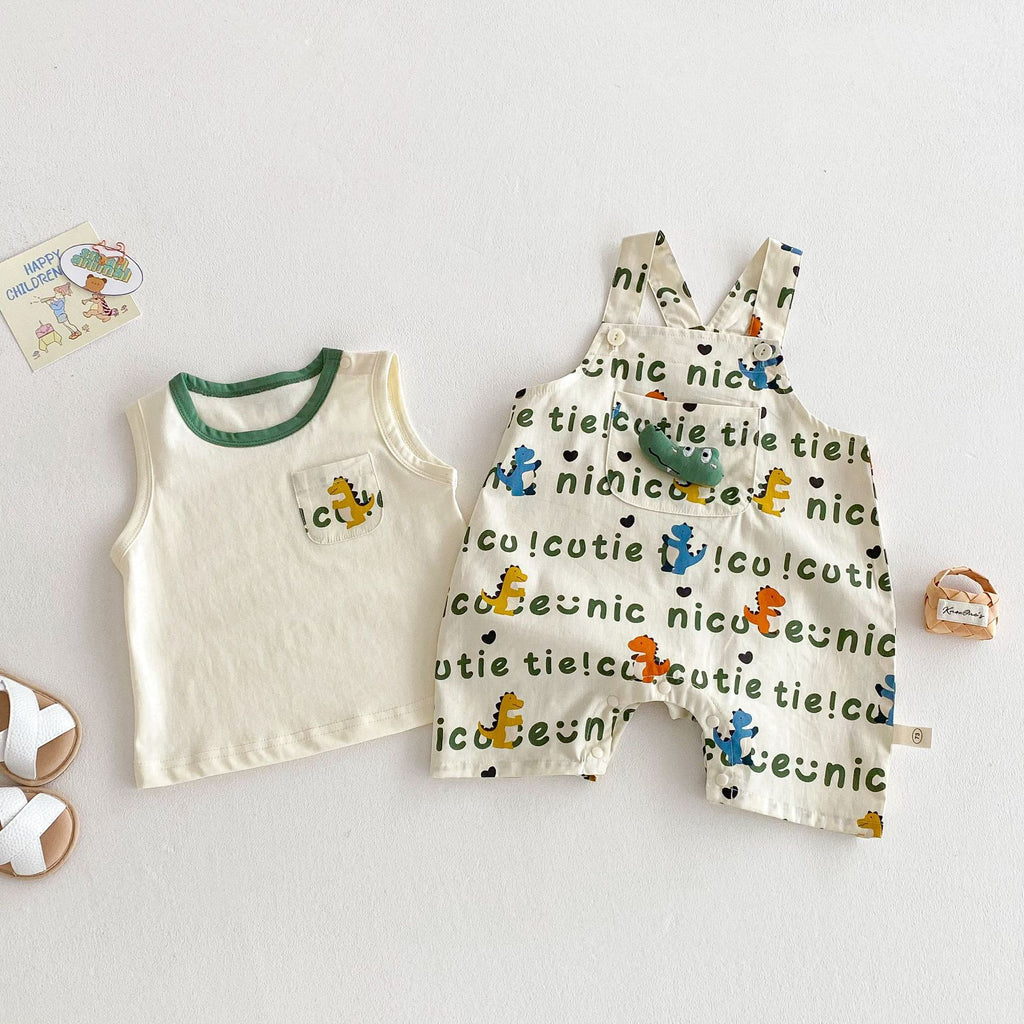 2PCS Children's Dinosaur Straps Cartoon Tee Romper Sets