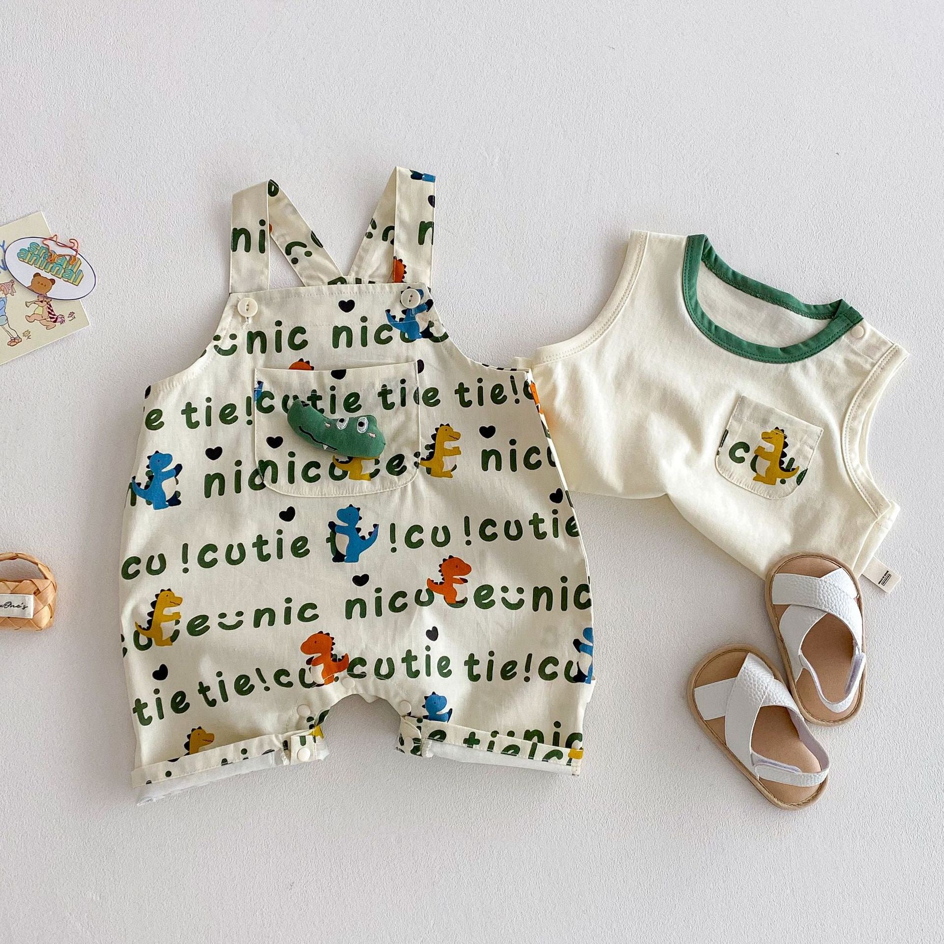 2PCS Children's Dinosaur Straps Cartoon Tee Romper Sets