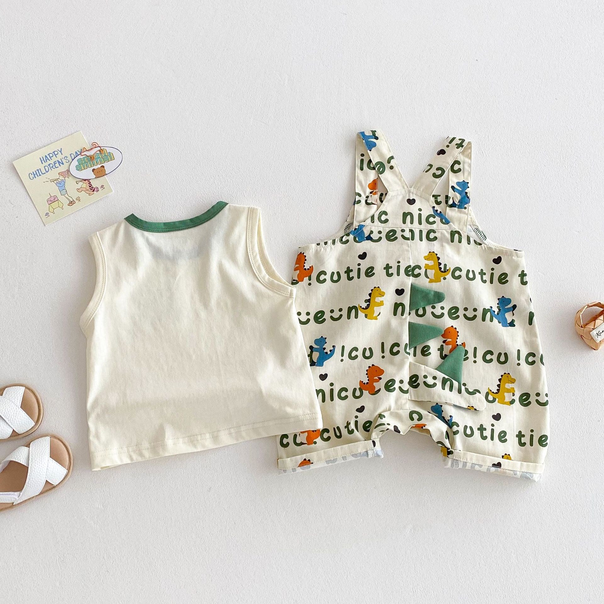 2PCS Children's Dinosaur Straps Cartoon Tee Romper Sets