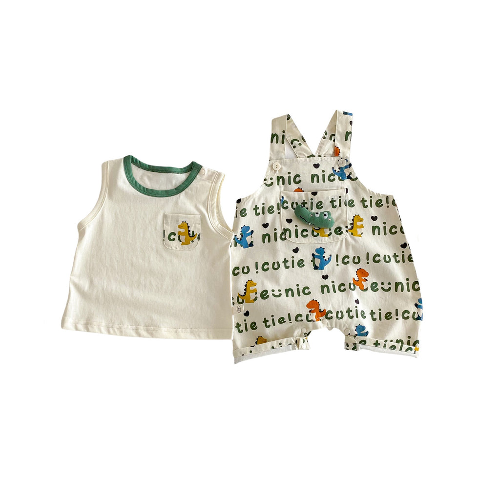 2PCS Children's Dinosaur Straps Cartoon Tee Romper Sets