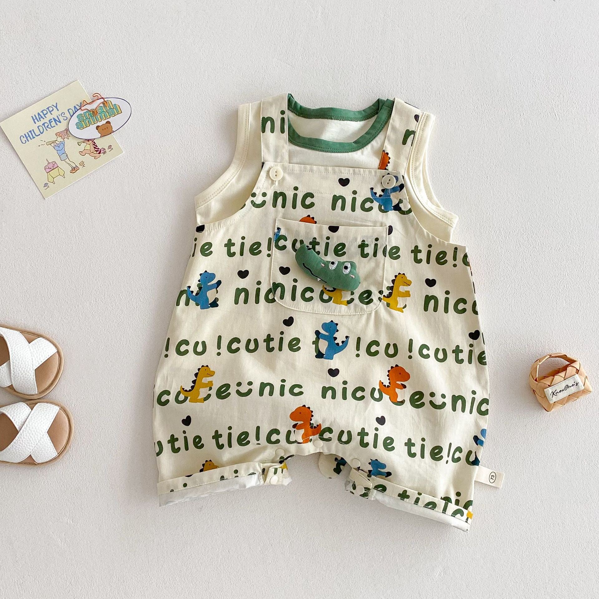 2PCS Children's Dinosaur Straps Cartoon Tee Romper Sets