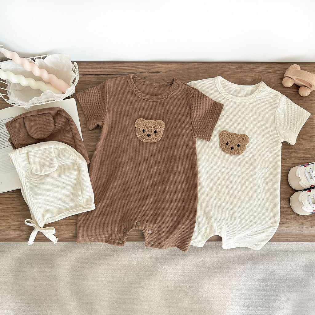 Waffle Patch Bear Infant Newborn Jumpsuits Cotton Romper Gift Hat with Ear