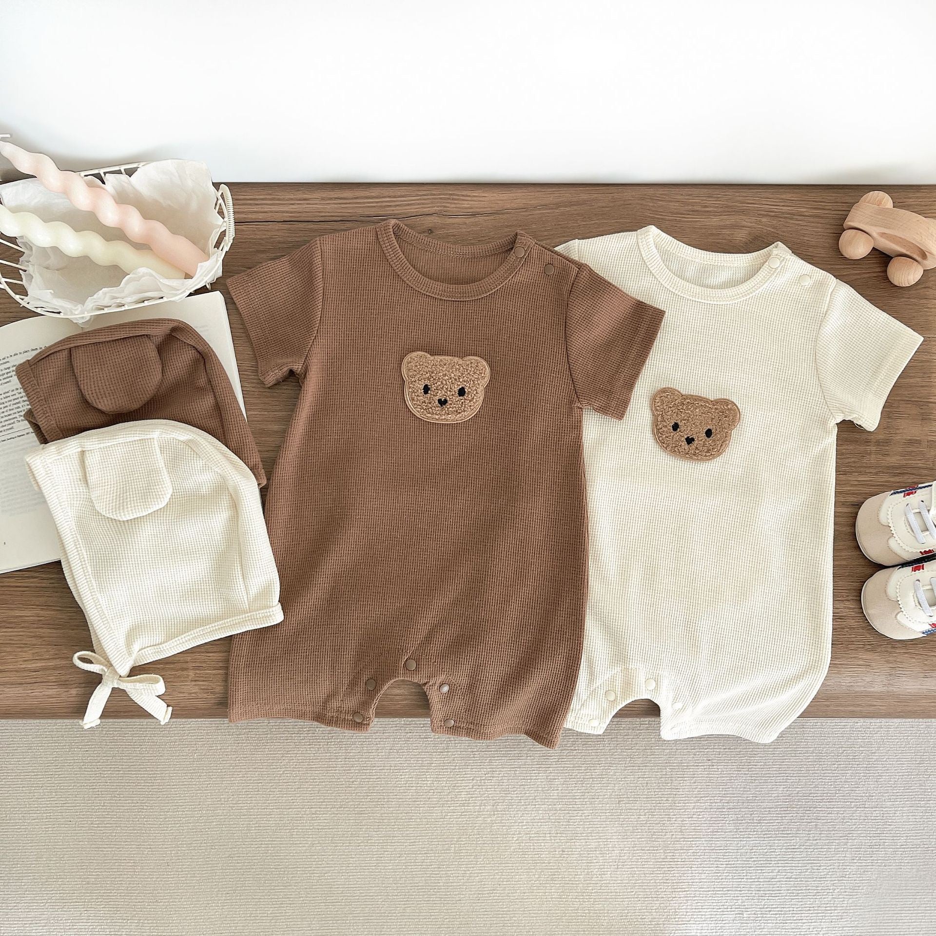 Waffle Patch Bear Infant Newborn Jumpsuits Cotton Romper Gift Hat with Ear