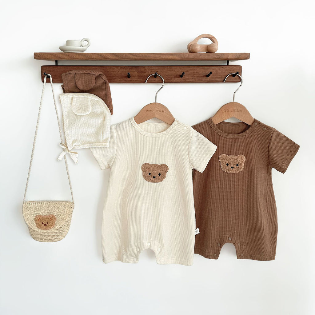 Waffle Patch Bear Infant Newborn Jumpsuits Cotton Romper Gift Hat with Ear