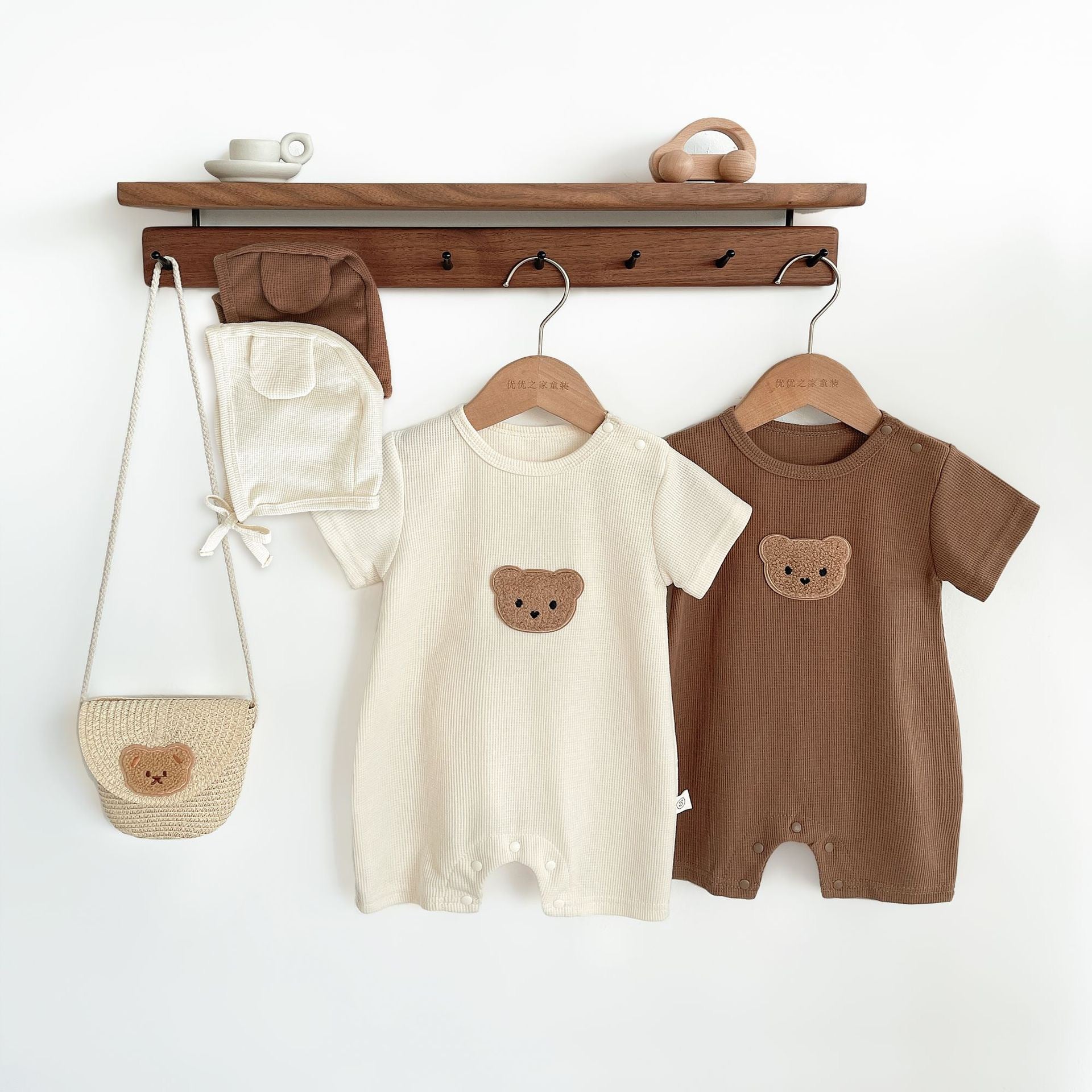 Waffle Patch Bear Infant Newborn Jumpsuits Cotton Romper Gift Hat with Ear