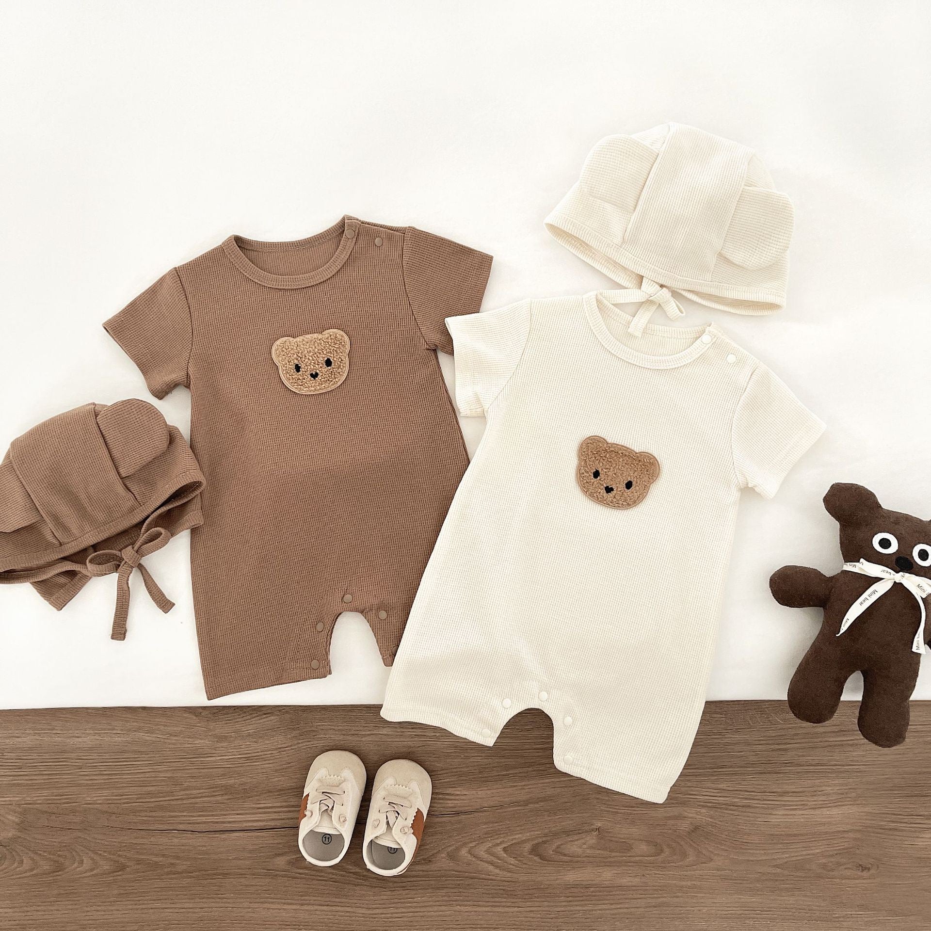 Waffle Patch Bear Infant Newborn Jumpsuits Cotton Romper Gift Hat with Ear