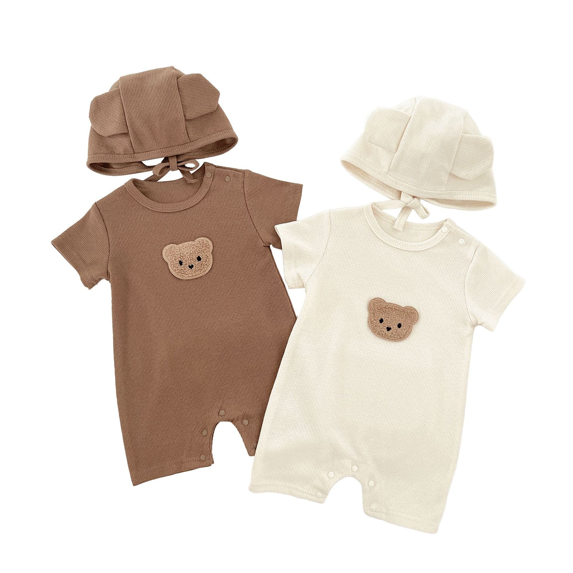 Waffle Patch Bear Infant Newborn Jumpsuits Cotton Romper Gift Hat with Ear