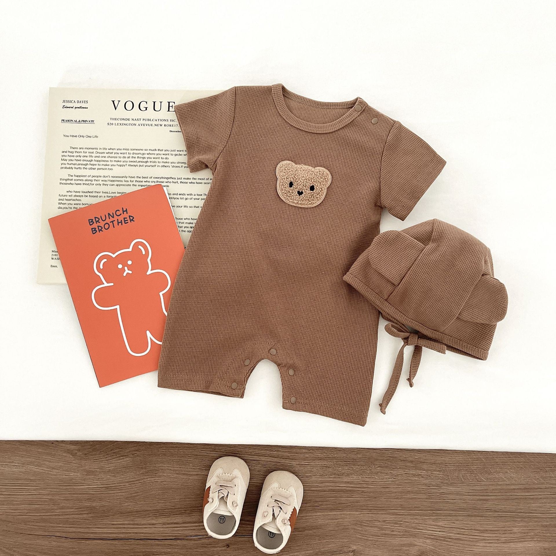 Waffle Patch Bear Infant Newborn Jumpsuits Cotton Romper Gift Hat with Ear