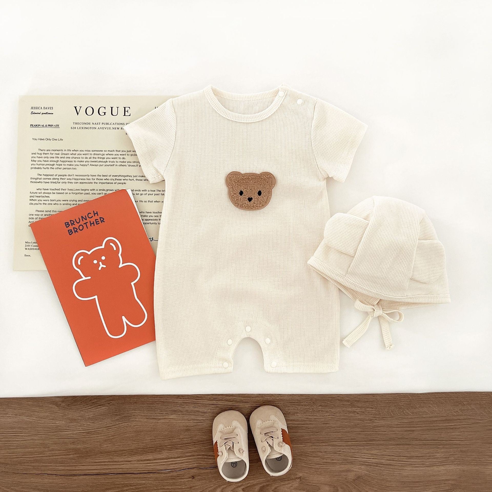 Waffle Patch Bear Infant Newborn Jumpsuits Cotton Romper Gift Hat with Ear