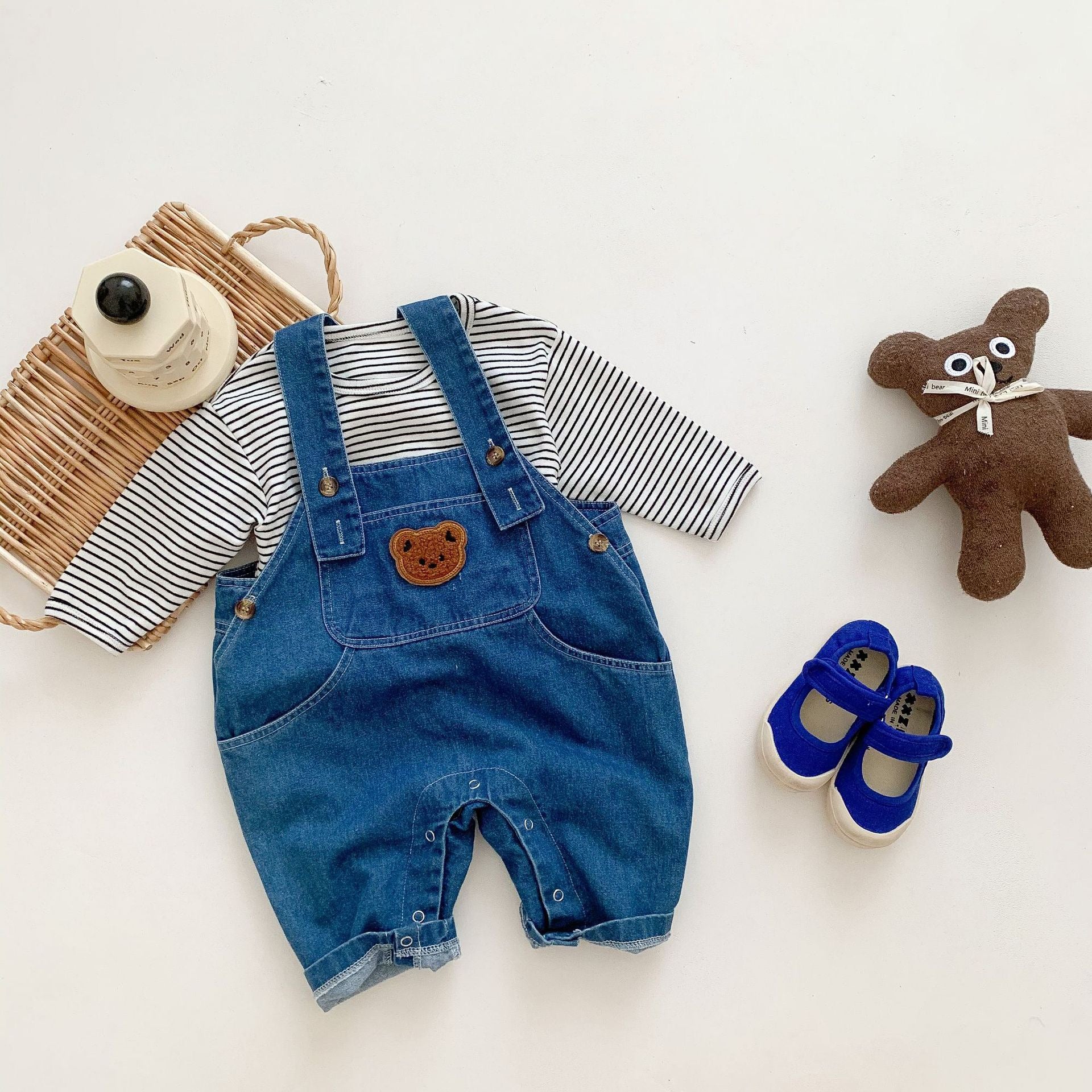 Children's Denim Overalls with Teddy Bear and Stripes