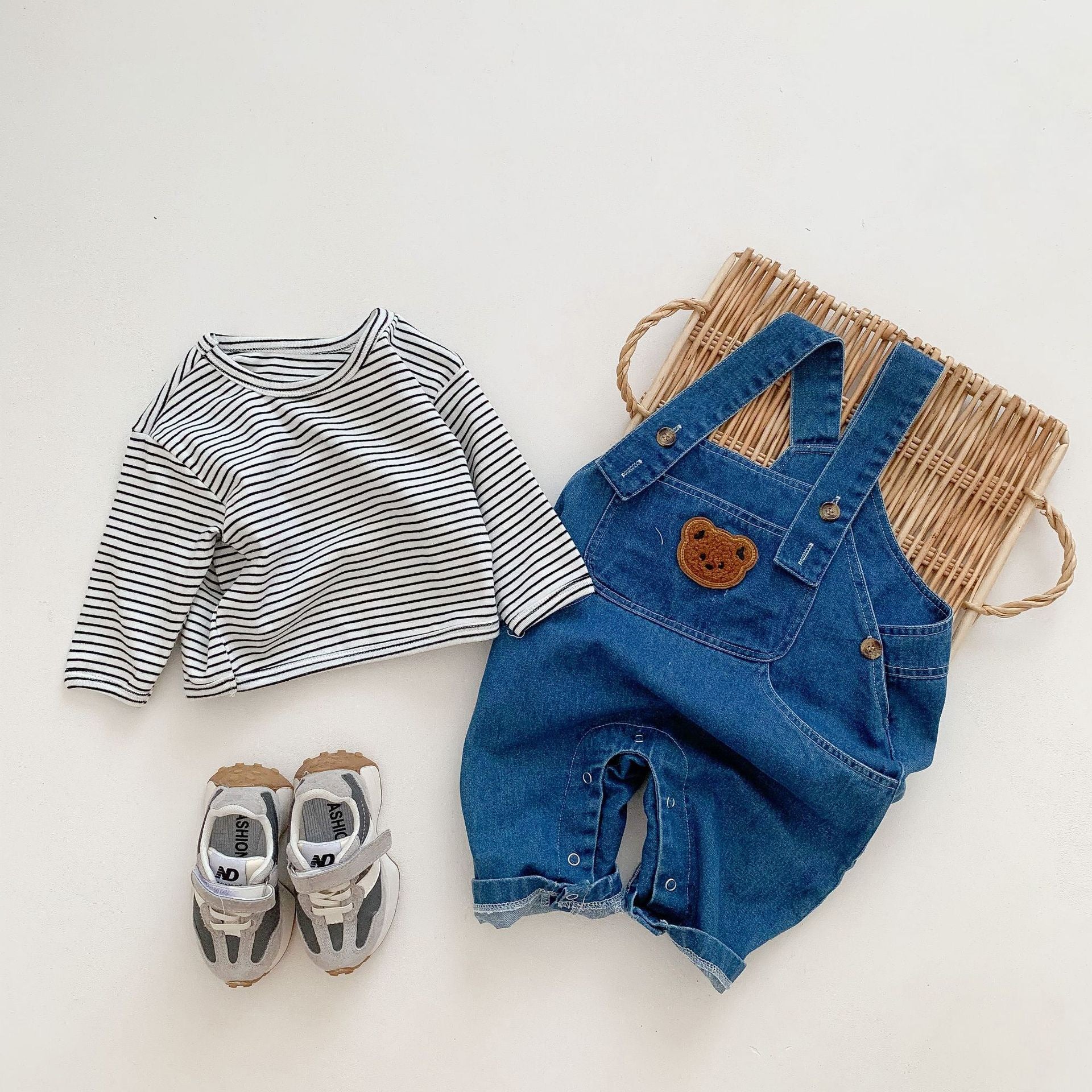 Children's Denim Overalls with Teddy Bear and Stripes