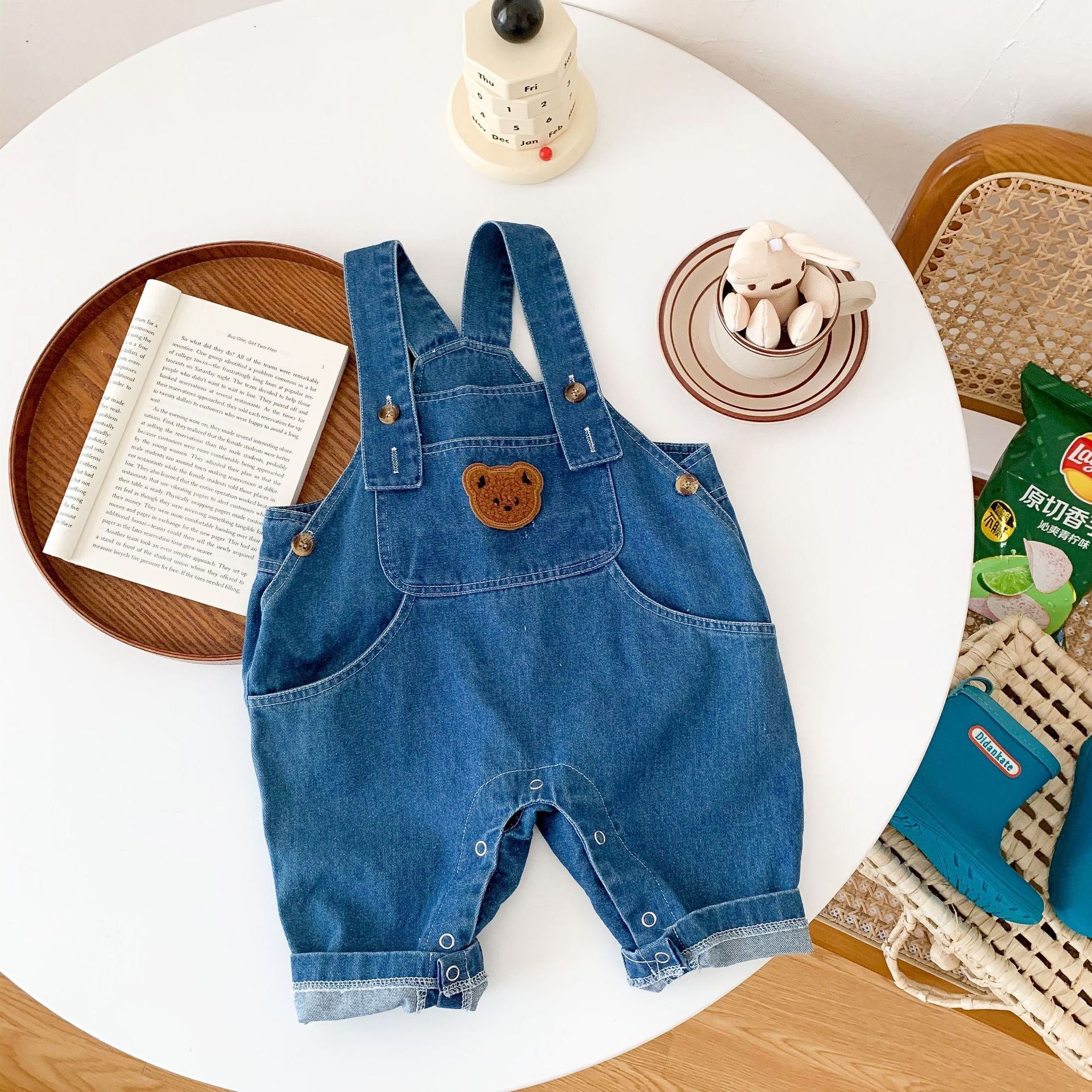 Children's Denim Overalls with Teddy Bear and Stripes