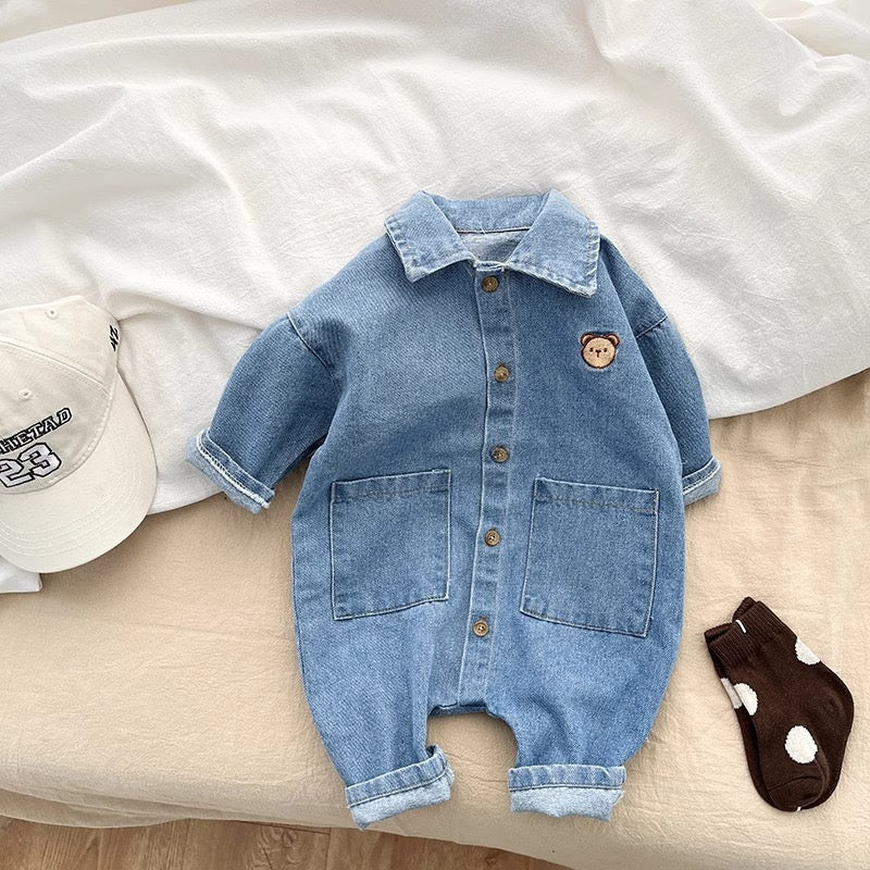 Denim Baby Romper Bear Unisex Autumn Jumpsuit