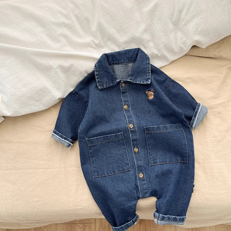 Denim Baby Romper Bear Unisex Autumn Jumpsuit