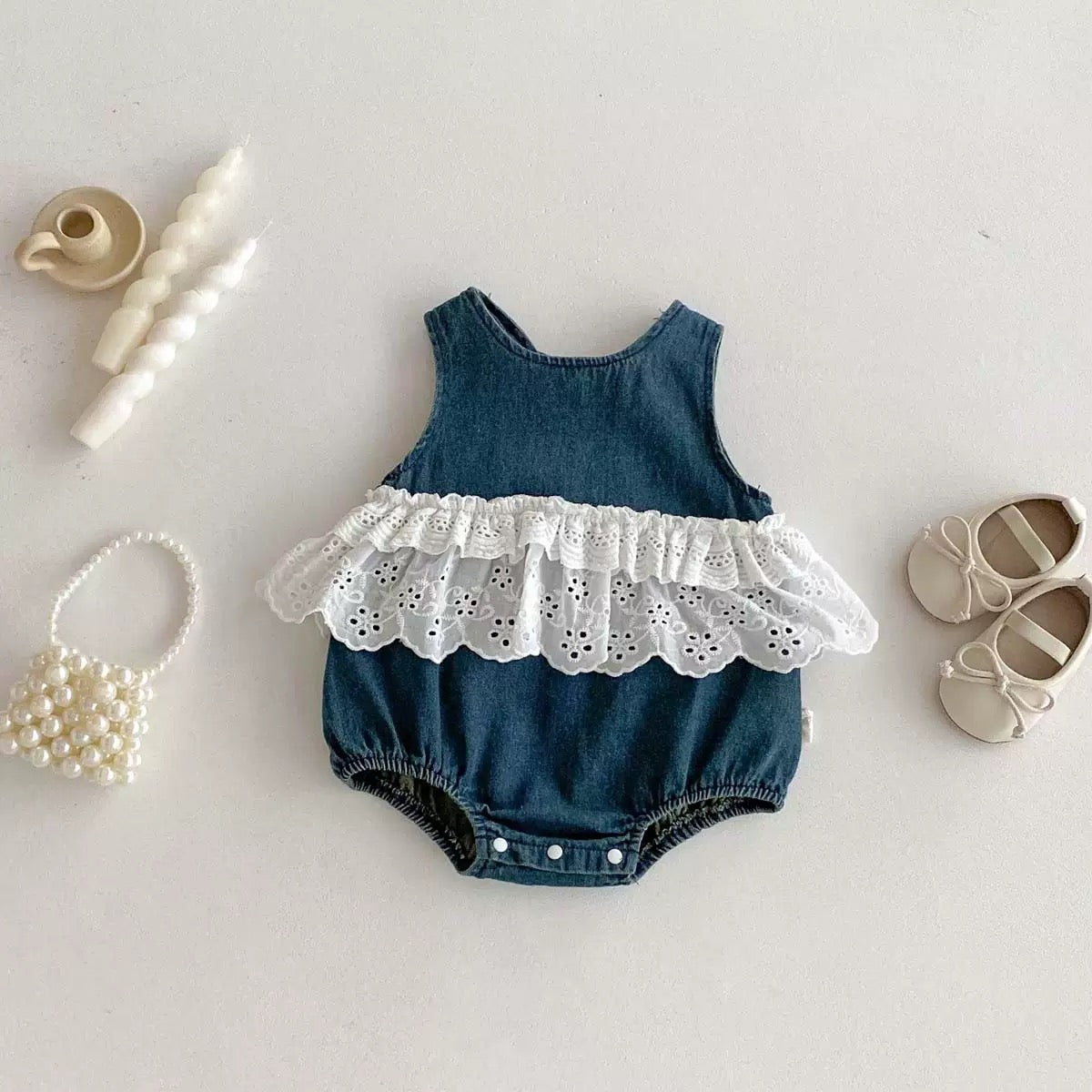 Baby Bodysuit in Denim with Lace