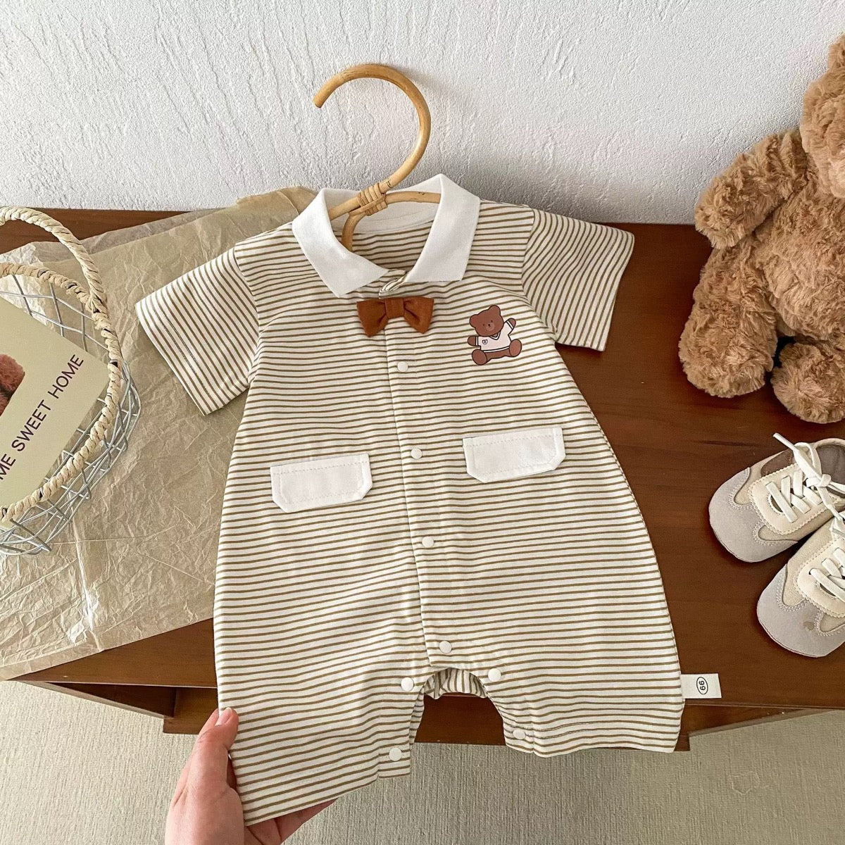 Baby Romper with Stripes and Teddy Bear