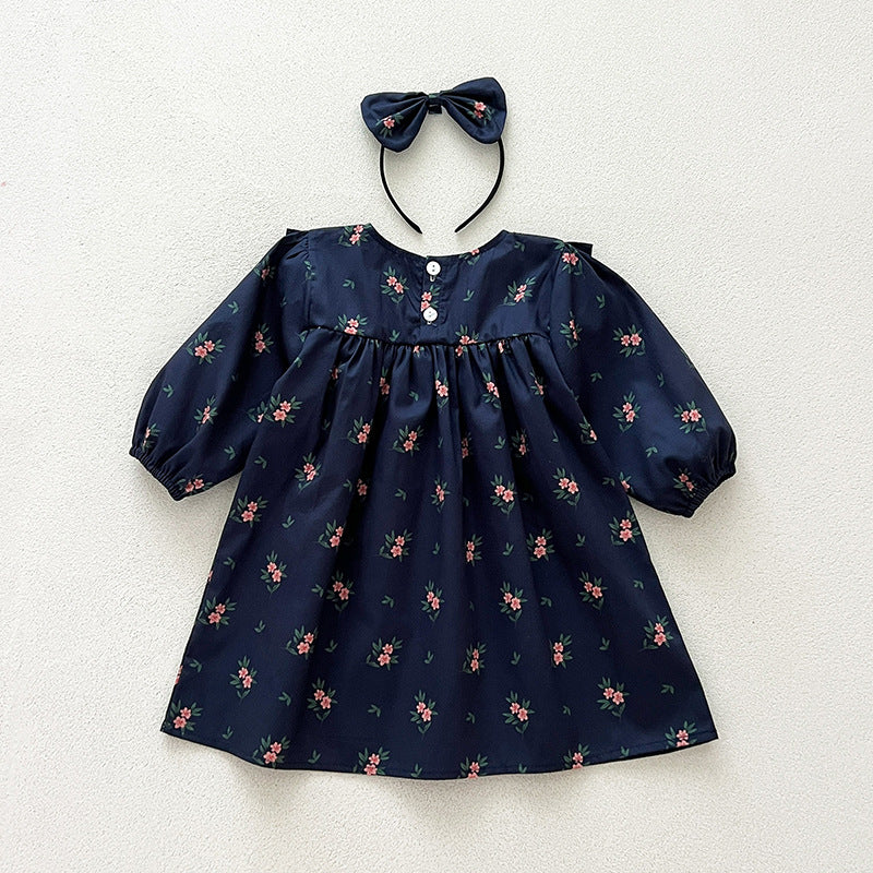 Long Sleeved Flower Print Baby Girl Romper Kids Princess Dresses