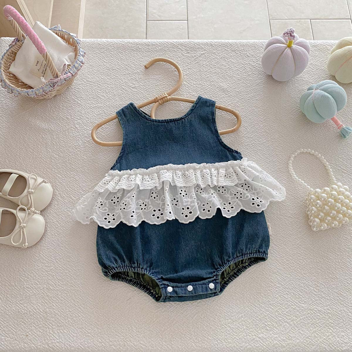 Baby Bodysuit in Denim with Lace