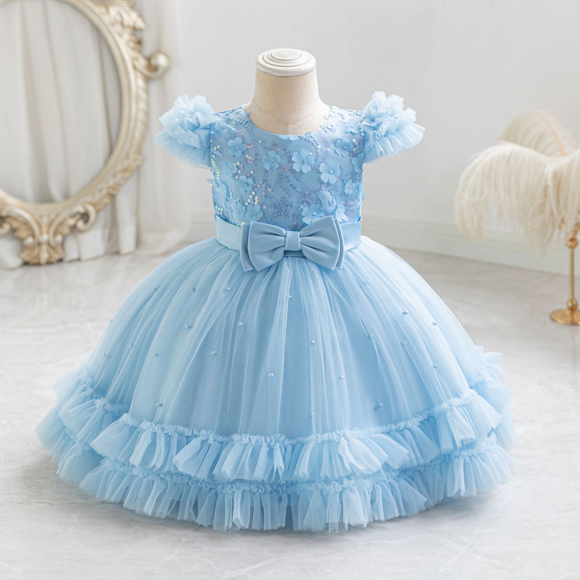 Children's Party Dress with Little Flowers Bow