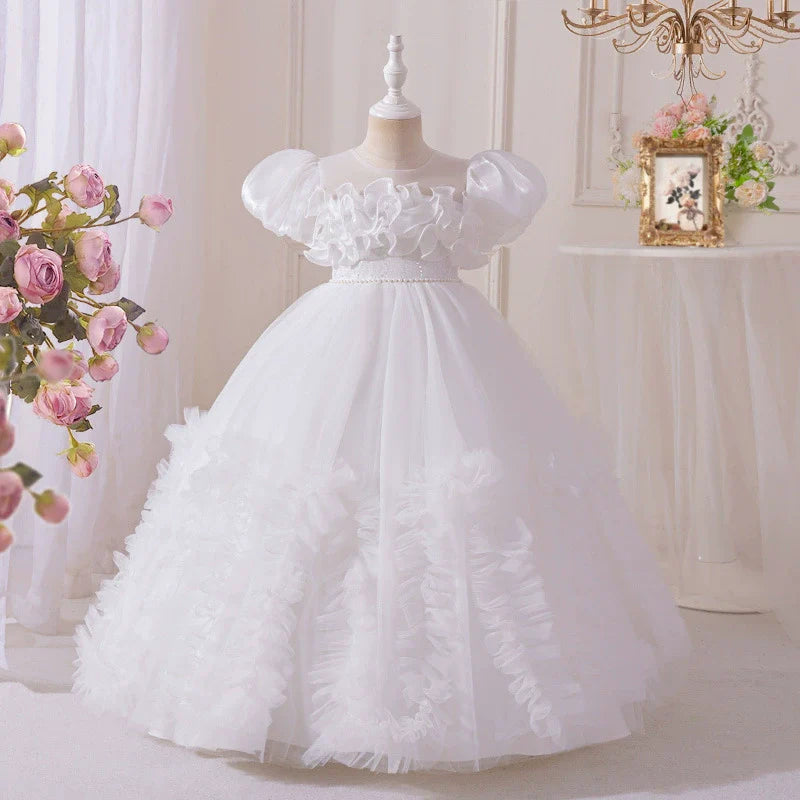 Long Children's Dress with Tulle Ruffles