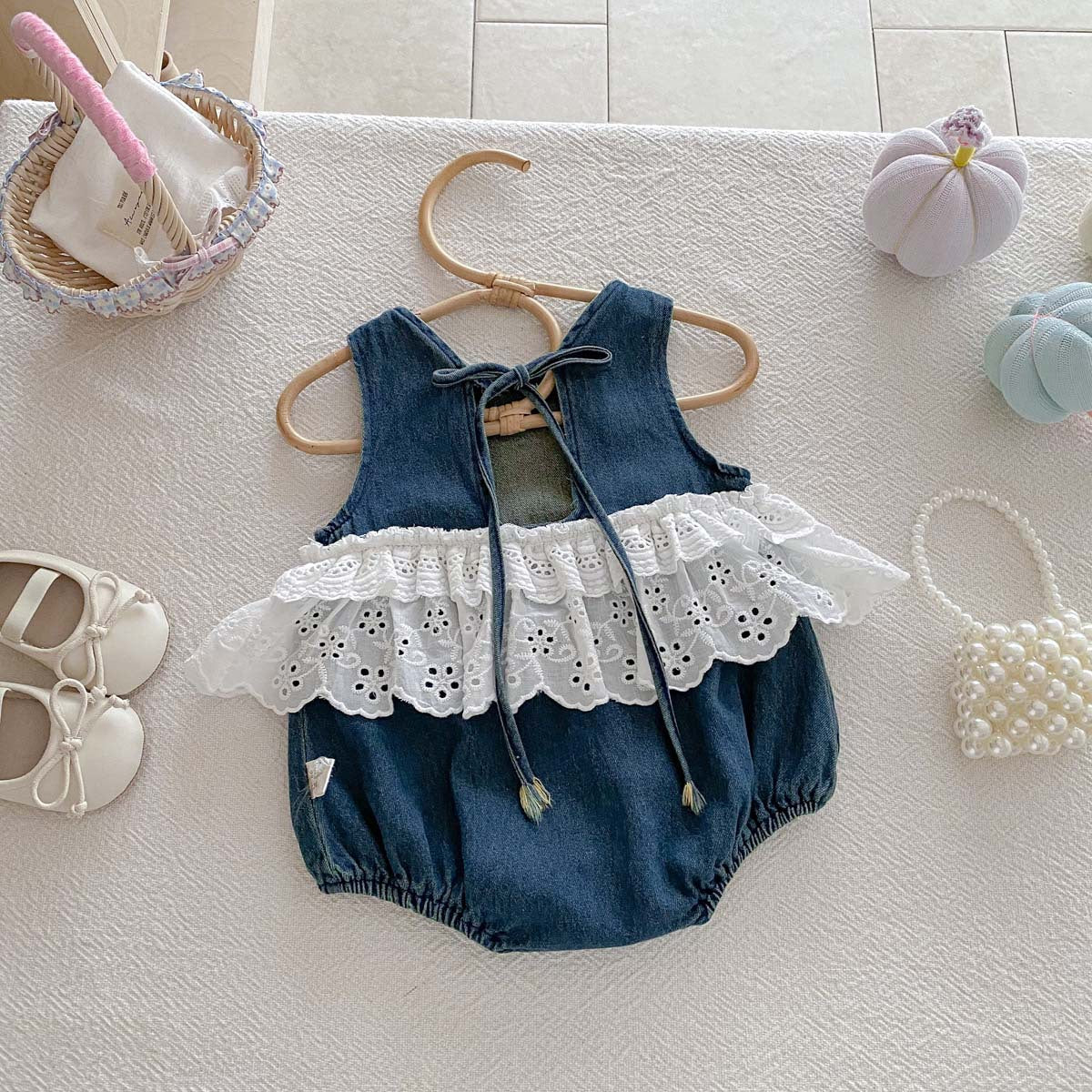 Baby Bodysuit in Denim with Lace