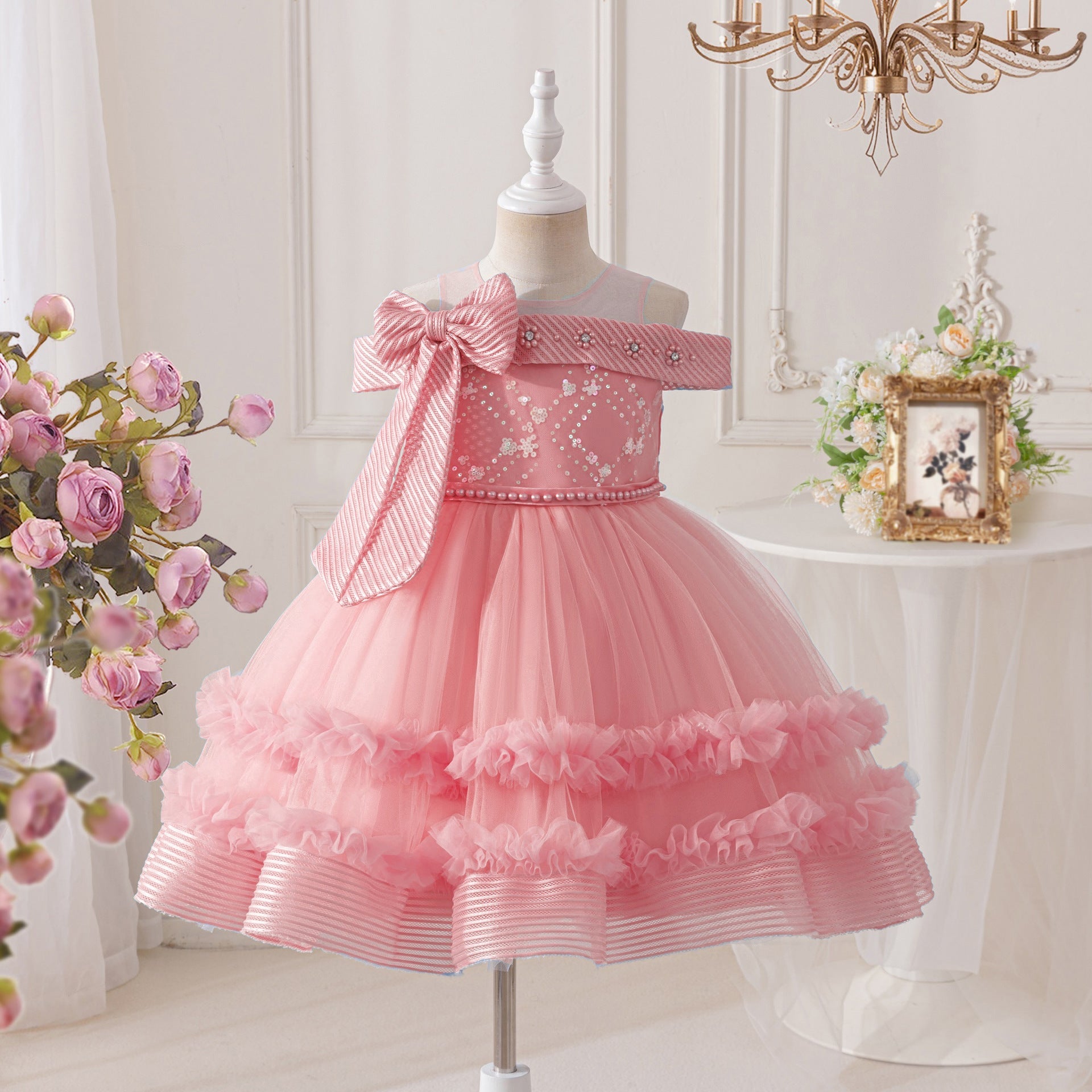 Children's Off-the-Shoulder Party Dress with Bow