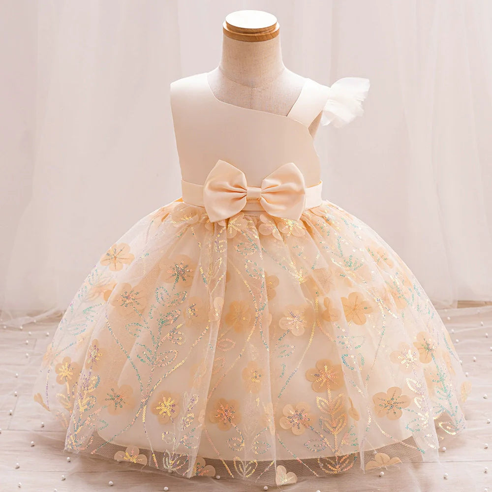 Children's Party Dress with Flowers and Bow