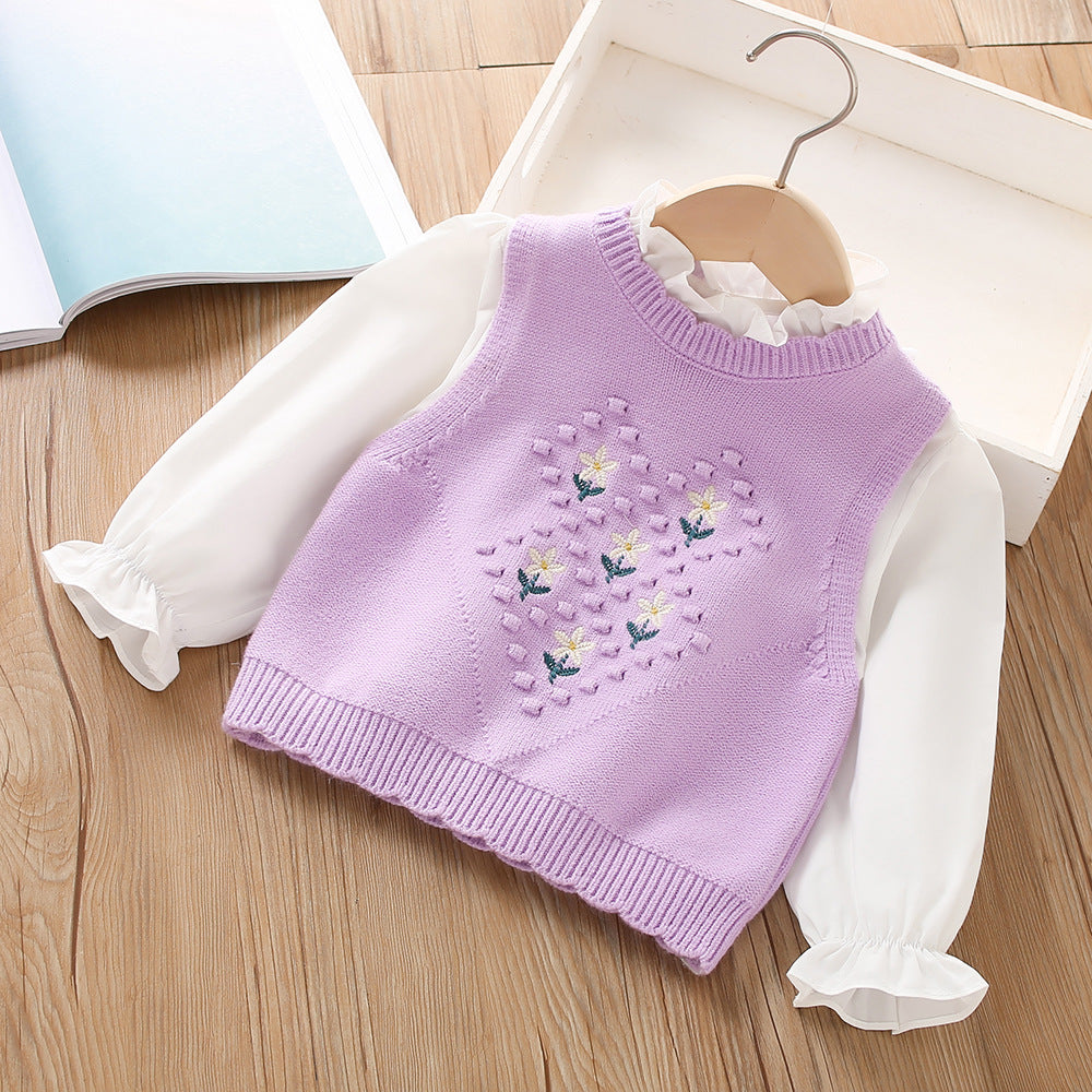Conjuntos de 2 piezas de chaleco de punto floral y camisa para niñas
