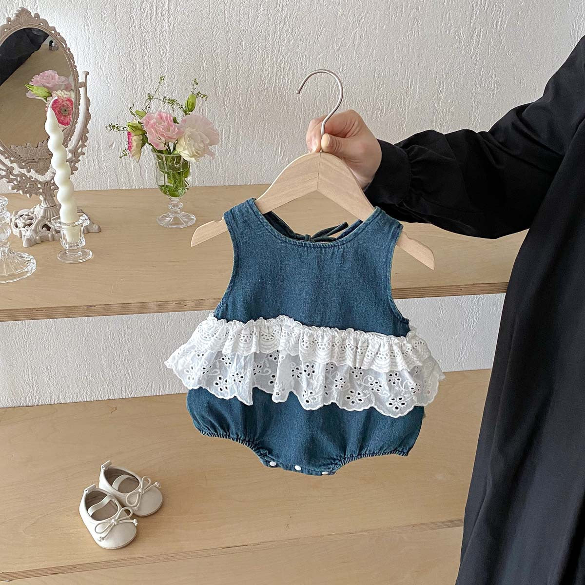 Baby Bodysuit in Denim with Lace