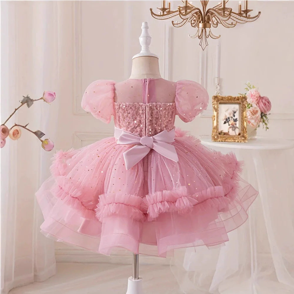Children's Pink Puffy Party Dress with Sparkles