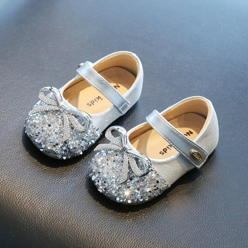 Bling Sequine Flats Shoes For Kids Princess Gold Silver Bowtie Dress Shoes
